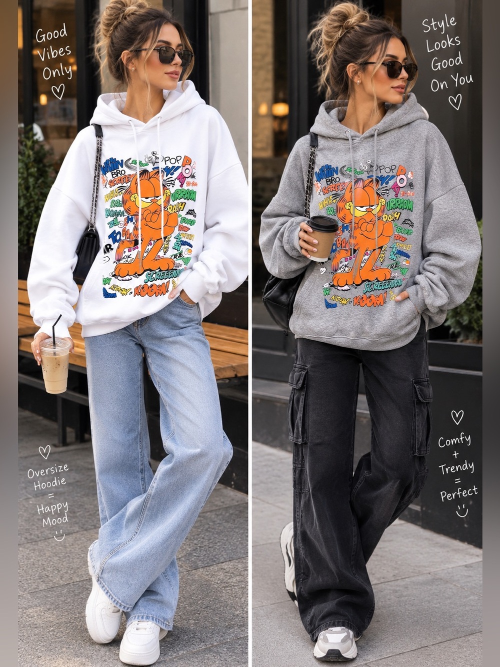 Graphic Garfield Oversized Hoodie Sweatshirt - White or Gray